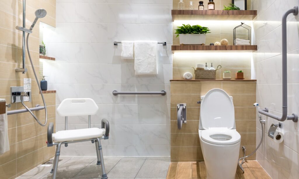 Bathroom guide rails home modification to assist elderly home owners.