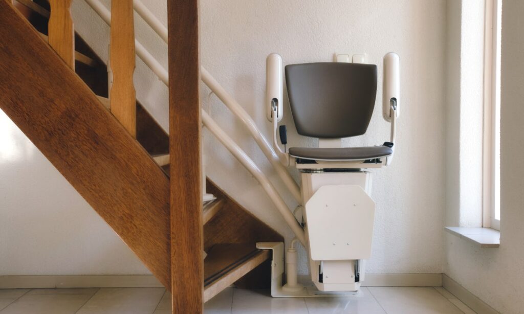 Motorised chair lift installed in a home for senior occupants.