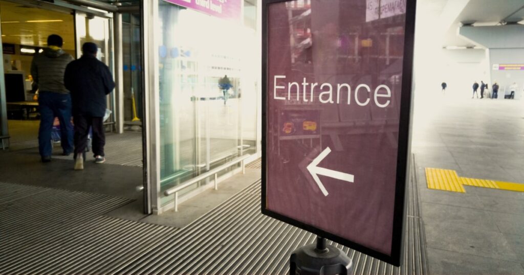 Automatic entrance doors at an airport use air curtains.