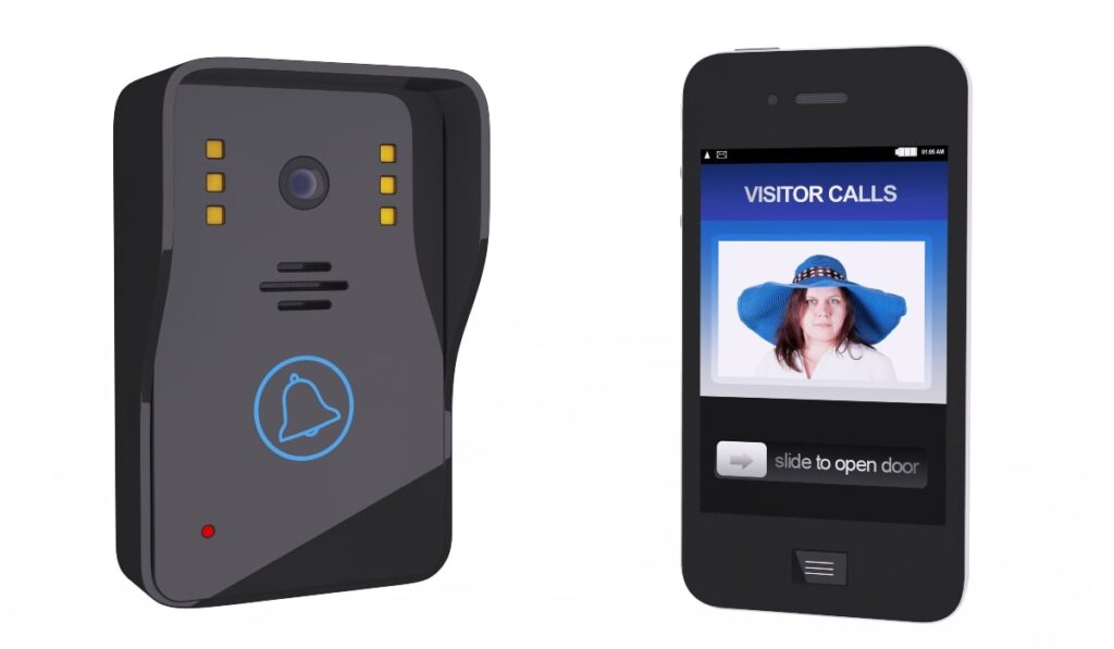 A smart gate intercom device and a smartphone app interface showcasing a visitor call, demonstrating the convenience and security benefits of gate intercoms in controlling property access.